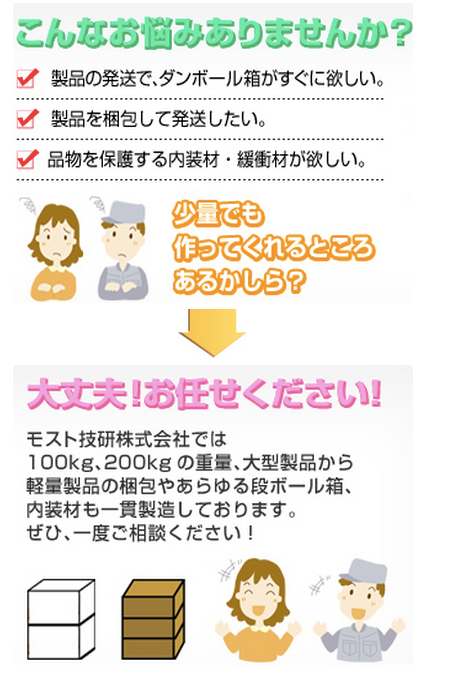 こんなお悩みありませんか？ ・製品の発送でダンボール箱がすぐに欲しい。・製品を梱包して発送したい。・品物を保護する内装材・緩衝材が欲しい。 少量でも作ってくれるところあるかしら？ 大丈夫！お任せください！モスト技研株式会社では100kg、200kgの重量、大型製品から軽量製品の梱包やあらゆる段ボール箱、内装材も一貫製造しております。ぜひ一度ご相談ください！